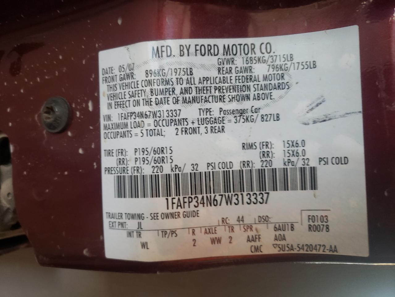 Photo 10 from auction – 2007 FORD FOCUS ZX4 with VIN 1FAFP34N67W313337