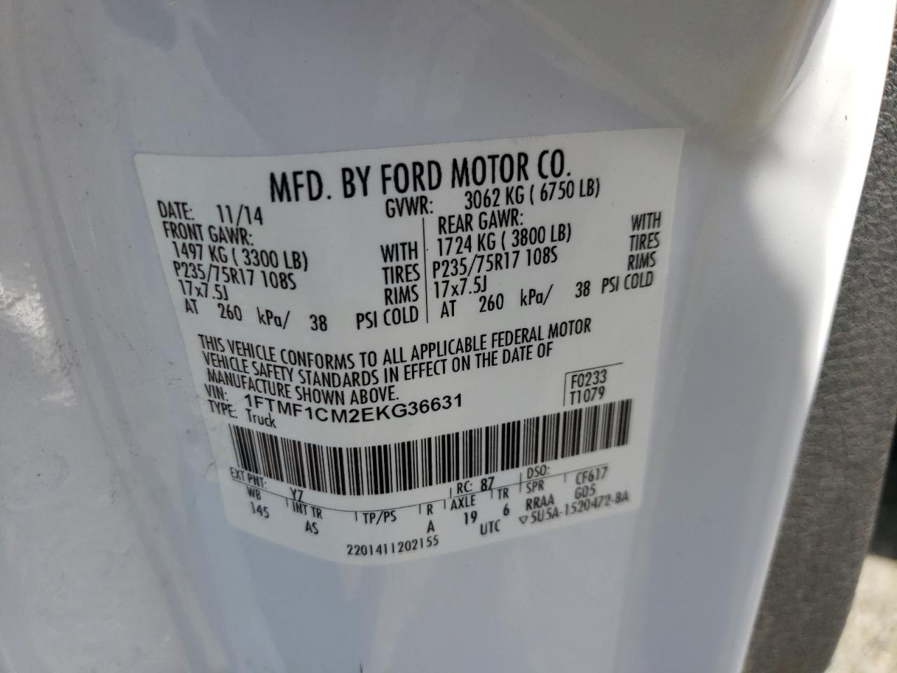 Photo 10 from auction – 2014 FORD F150 with VIN 1FTMF1CM2EKG36631