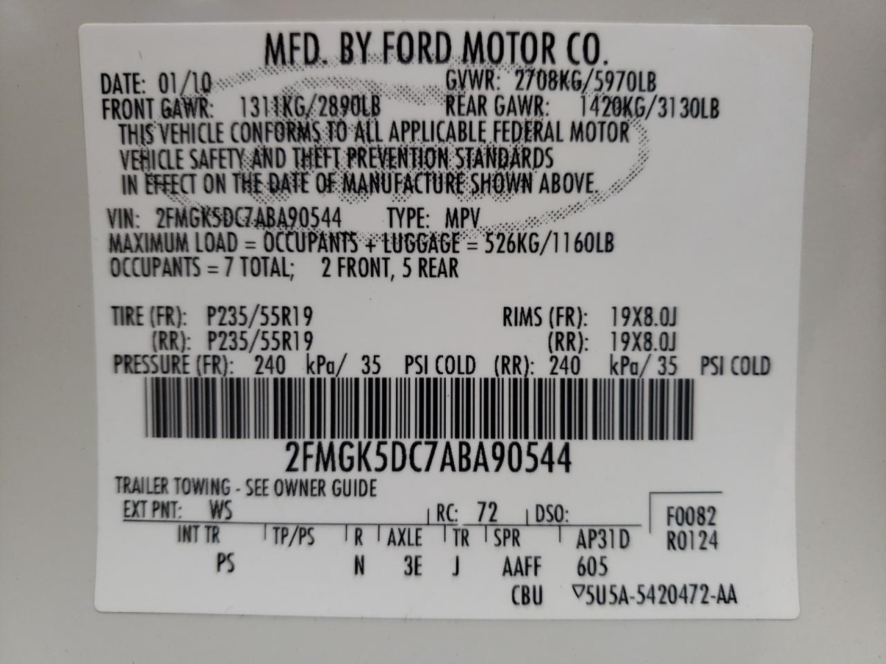 Photo 10 from auction – 2010 FORD FLEX LIMIT with VIN 2FMGK5DC7ABA90544