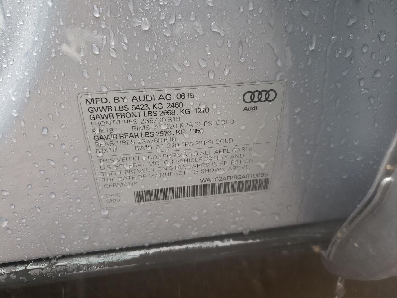 Photo 10 from auction – 2016 AUDI Q5 PREMIUM with VIN WA1C2AFP6GA010595