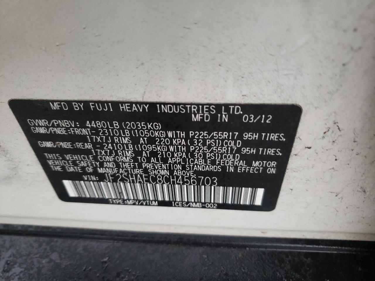 Photo 10 from auction – 2012 SUBARU FORESTER L with VIN JF2SHAEC8CH456703