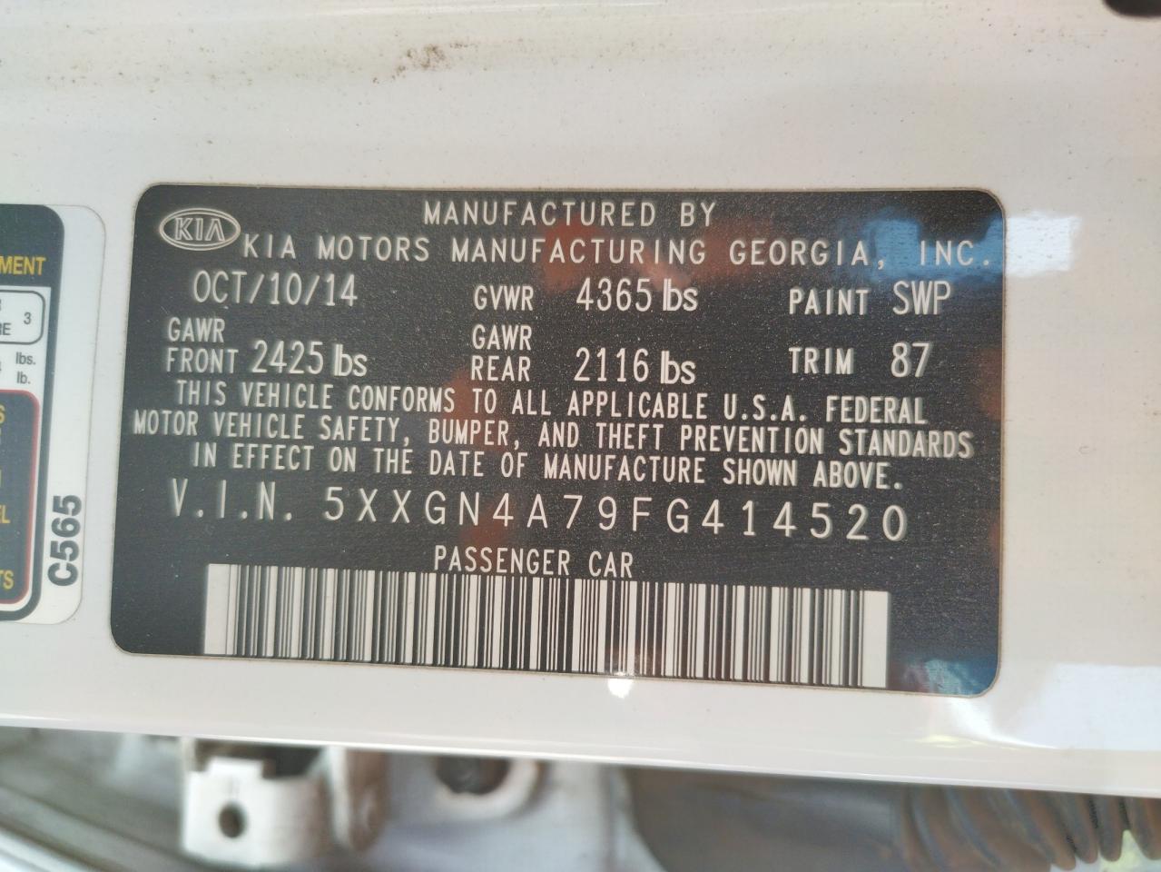 Photo 10 from auction – 2015 KIA OPTIMA EX with VIN 5XXGN4A79FG414520