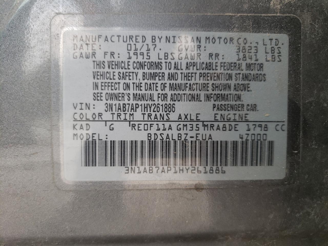 Photo 10 from auction – 2017 NISSAN SENTRA S with VIN 3N1AB7AP1HY261886