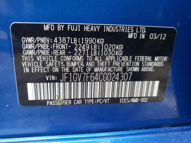 Photo 10 from auction – 2012 SUBARU IMPREZA WR with VIN JF1GV7F64CG024307