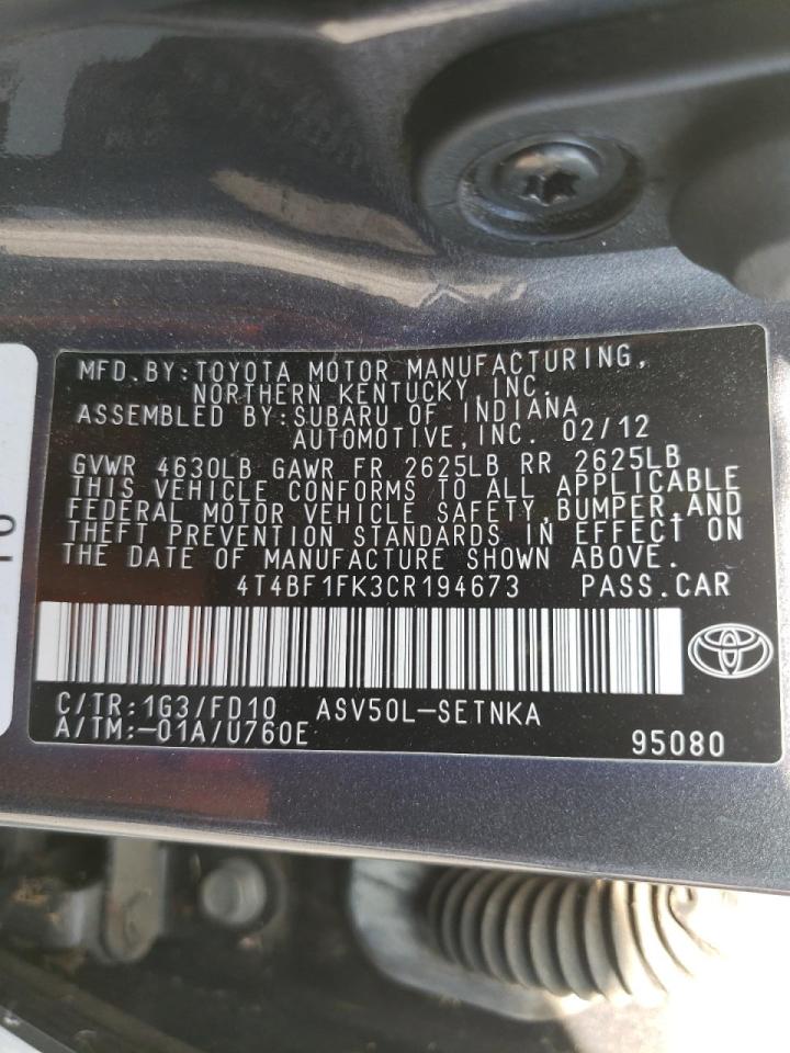 Photo 10 from auction – 2012 TOYOTA CAMRY BASE with VIN 4T4BF1FK3CR194673