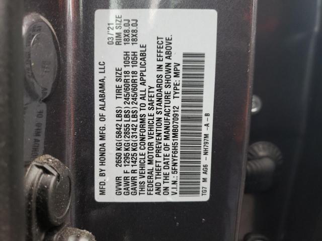 Photo 10 from auction – 2021 HONDA PILOT EXL with VIN 5FNYF6H51MB070912