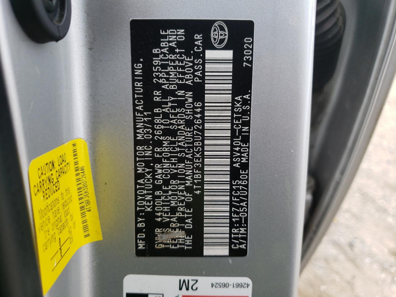Photo 10 from auction – 2011 TOYOTA CAMRY BASE with VIN 4T1BF3EK5BU726446