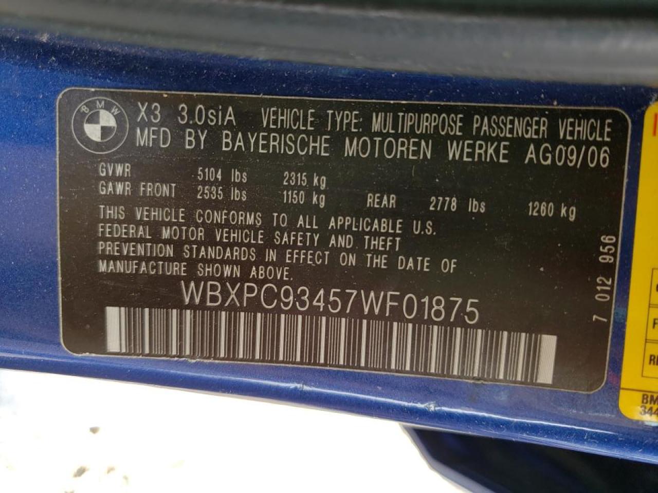 Photo 10 from auction – 2007 BMW X3 3.0SI with VIN WBXPC93457WF01875