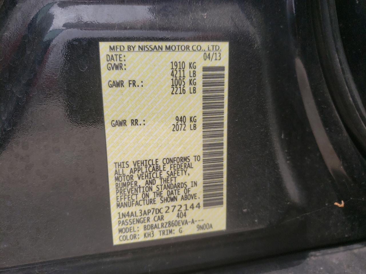 Photo 10 from auction – 2013 NISSAN ALTIMA 2.5 with VIN 1N4AL3AP7DC272144
