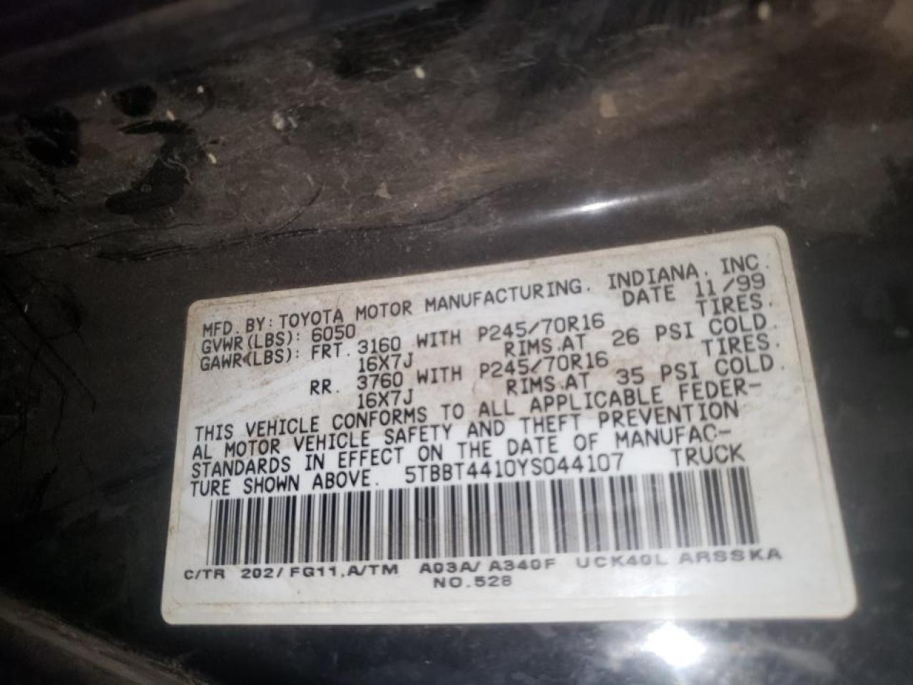Photo 10 from auction – 2000 TOYOTA TUNDRA ACC with VIN 5TBBT4410YS044107