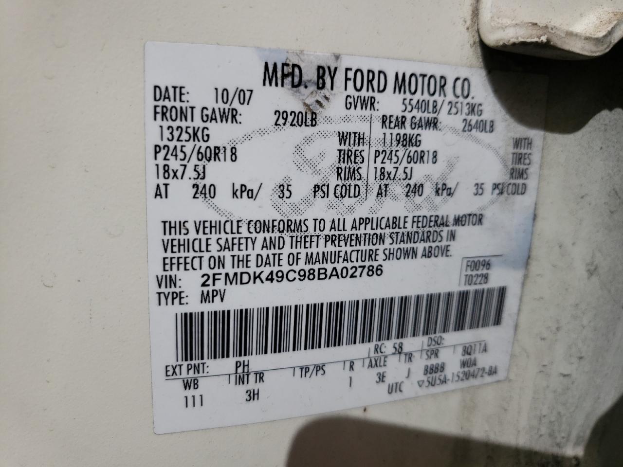Photo 10 from auction – 2008 FORD EDGE LIMIT with VIN 2FMDK49C98BA02786
