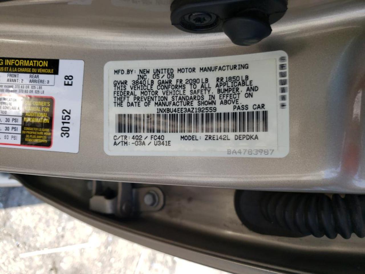 Photo 10 from auction – 2010 TOYOTA COROLLA BA with VIN 1NXBU4EE3AZ192559