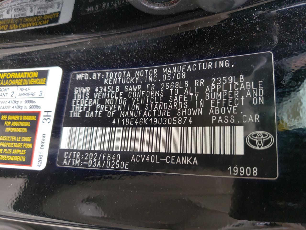 Photo 11 from auction – 2009 TOYOTA CAMRY BASE with VIN 4T1BE46K19U305874