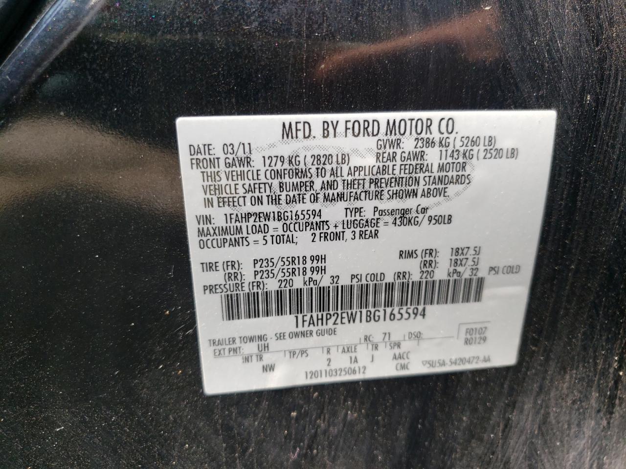 Photo 10 from auction – 2011 FORD TAURUS SEL with VIN 1FAHP2EW1BG165594