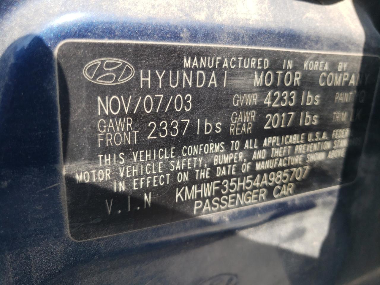 Photo 10 from auction – 2004 HYUNDAI SONATA GLS with VIN KMHWF35H54A985707