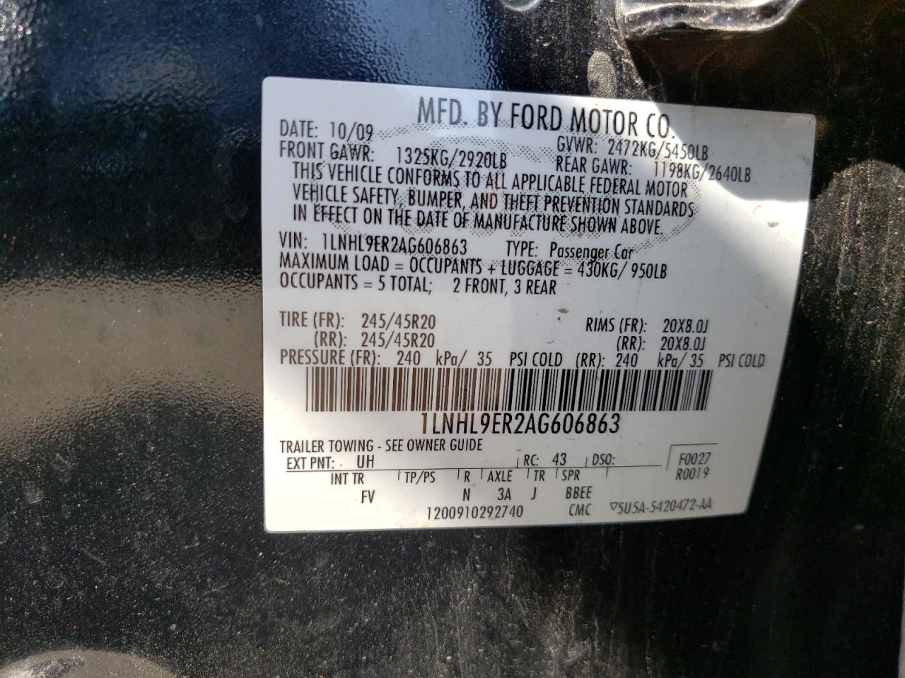 Photo 10 from auction – 2010 LINCOLN MKS with VIN 1LNHL9ER2AG606863