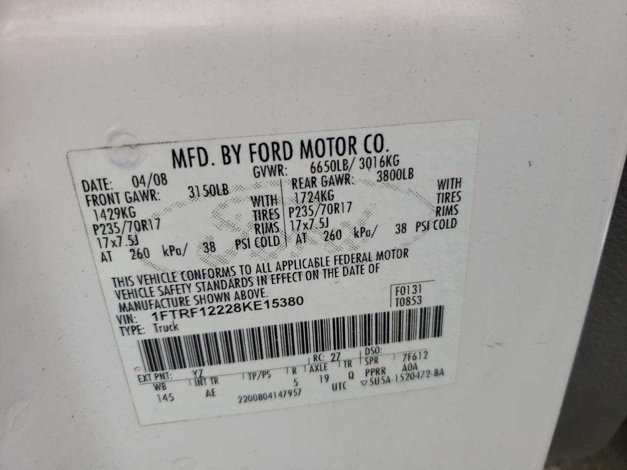 Photo 10 from auction – 2008 FORD F150 with VIN 1FTRF12228KE15380