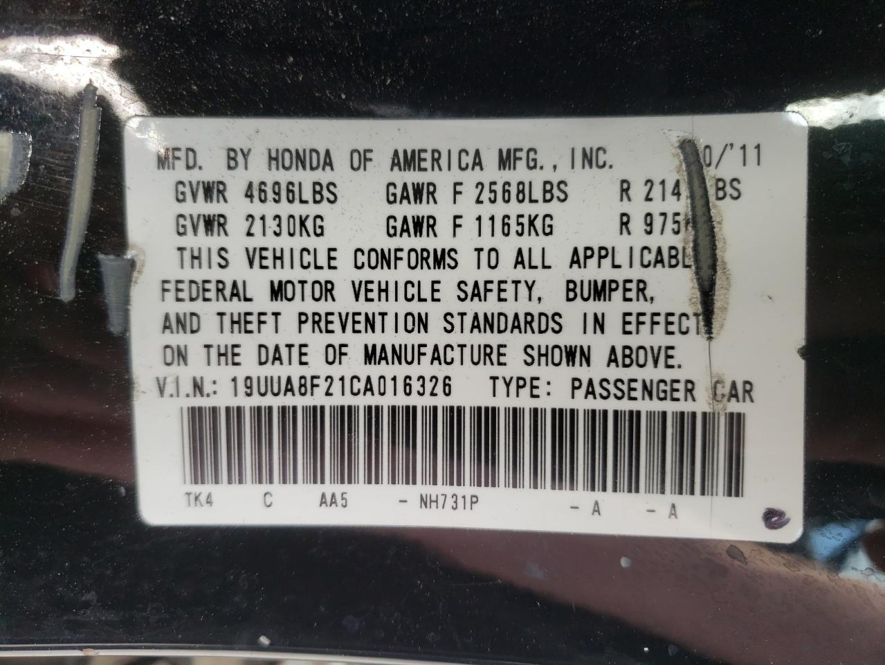 Photo 10 from auction – 2012 ACURA TL with VIN 19UUA8F21CA016326