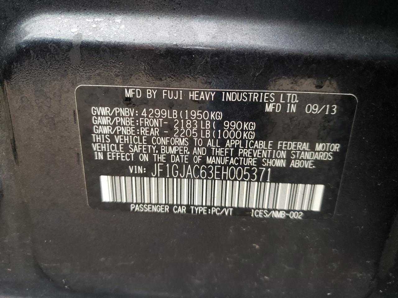 Photo 10 from auction – 2014 SUBARU IMPREZA PR with VIN JF1GJAC63EH005371
