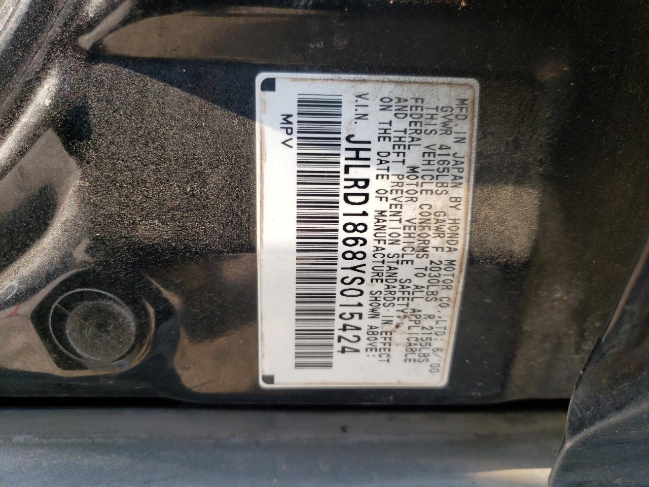 Photo 10 from auction – 2000 HONDA CR-V EX with VIN JHLRD1868YS015424