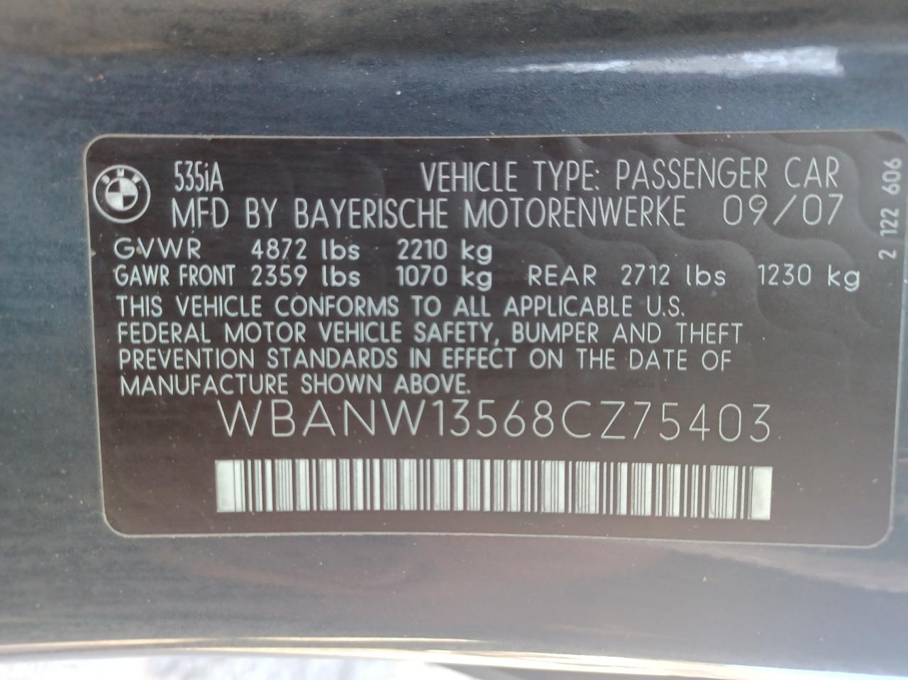 Photo 10 from auction – 2008 BMW 535 I with VIN WBANW13568CZ75403
