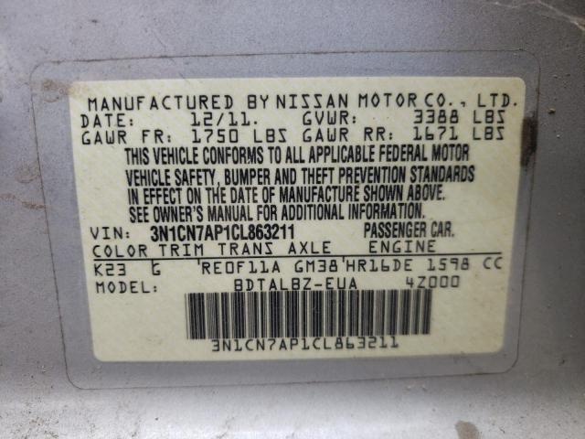 Photo 10 from auction – 2012 NISSAN VERSA S with VIN 3N1CN7AP1CL863211