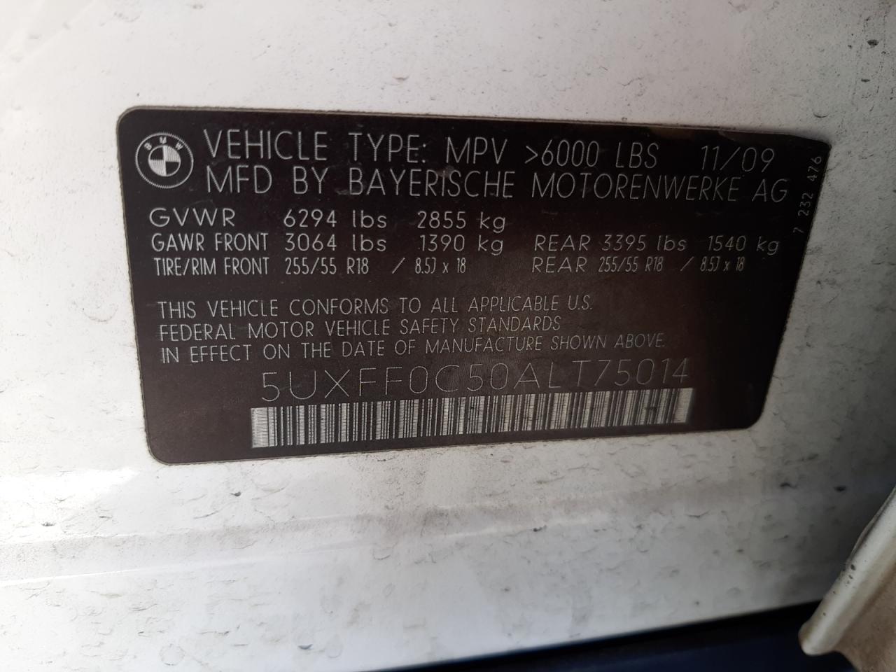 Photo 10 from auction – 2010 BMW X5 XDRIVE3 with VIN 5UXFF0C50ALT75014