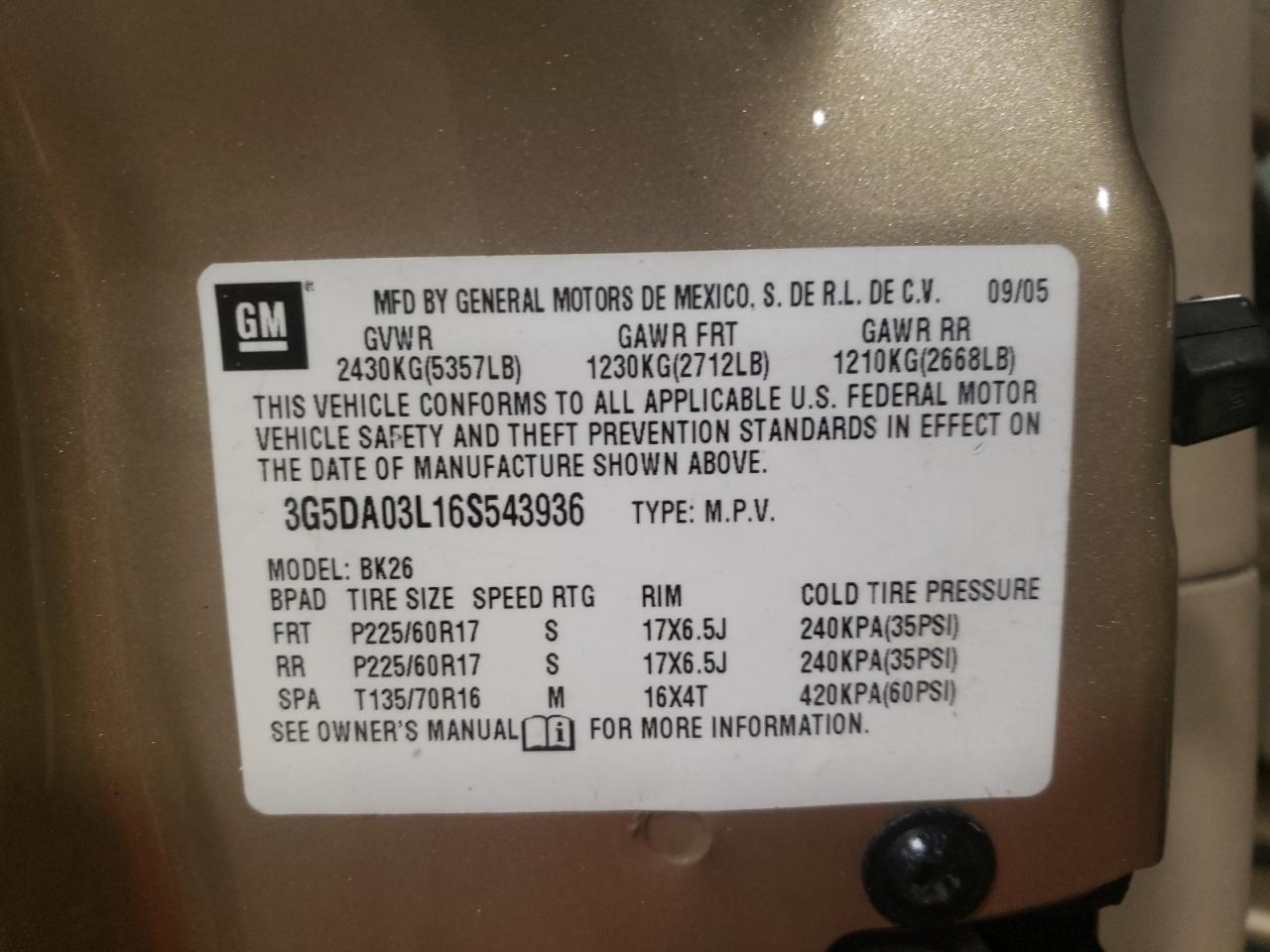 Photo 10 from auction – 2006 BUICK RENDEZVOUS with VIN 3G5DA03L16S543936