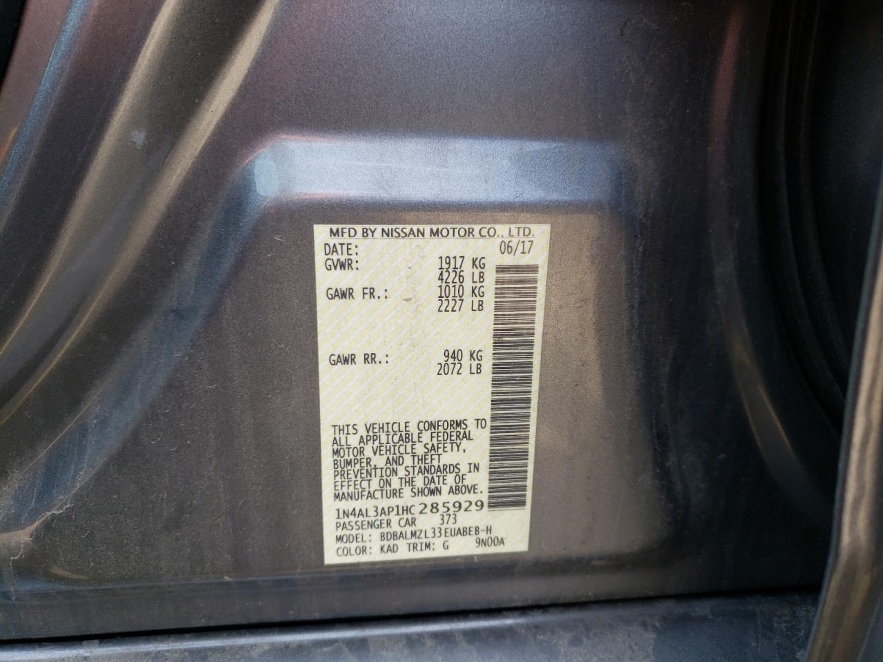 Photo 10 from auction – 2017 NISSAN ALTIMA 2.5 with VIN 1N4AL3AP1HC285929