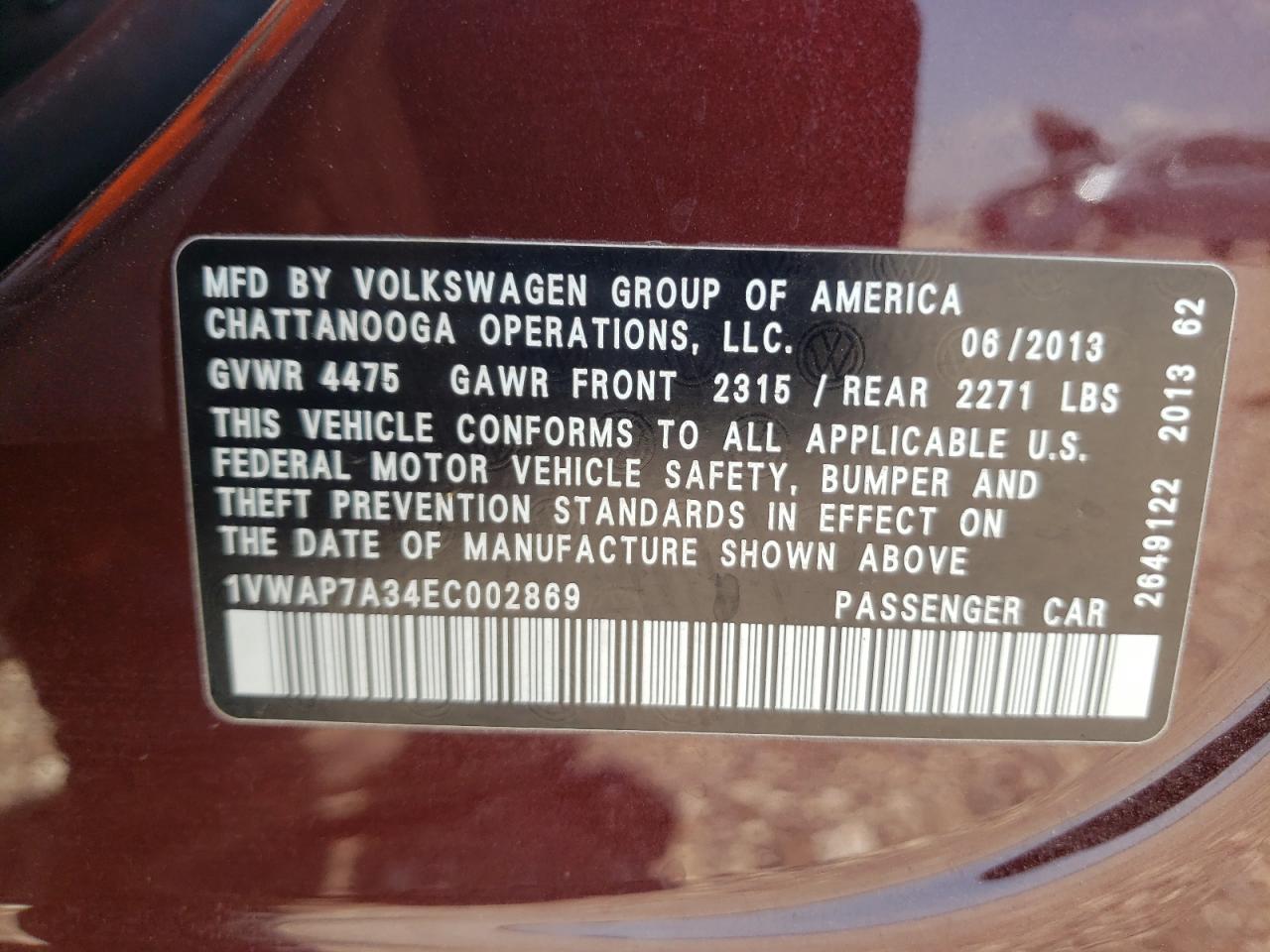 Photo 18 from auction – 2014 VOLKSWAGEN PASSAT S with VIN 1VWAP7A34EC002869