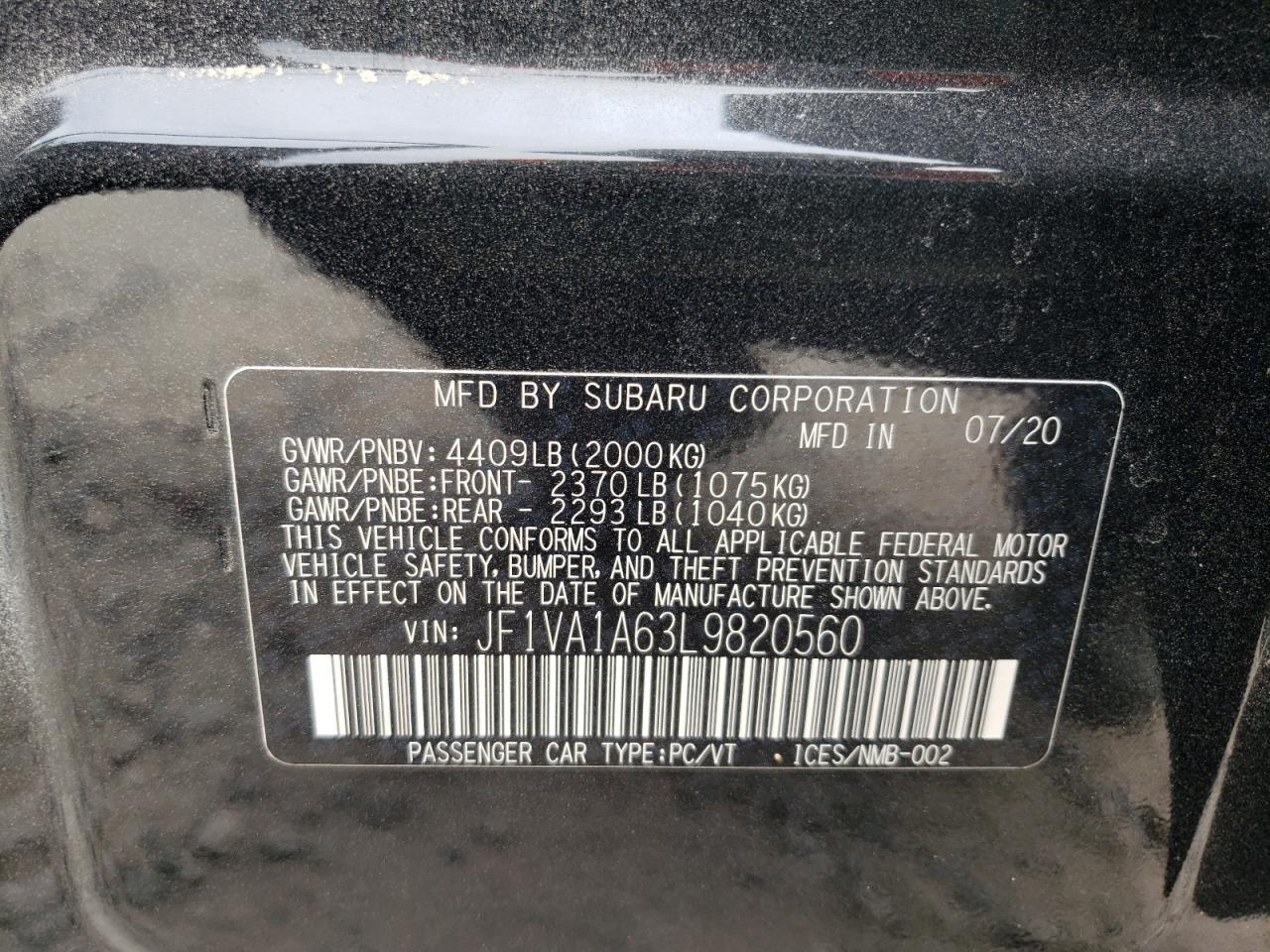 Photo 10 from auction – 2020 SUBARU WRX with VIN JF1VA1A63L9820560