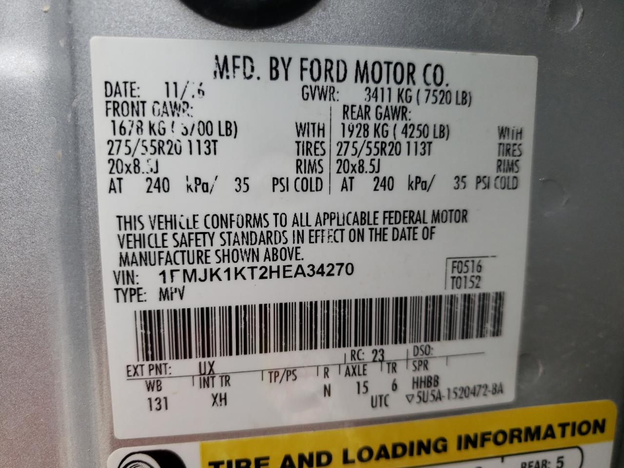 Photo 10 from auction – 2017 FORD EXPEDITION with VIN 1FMJK1KT2HEA34270