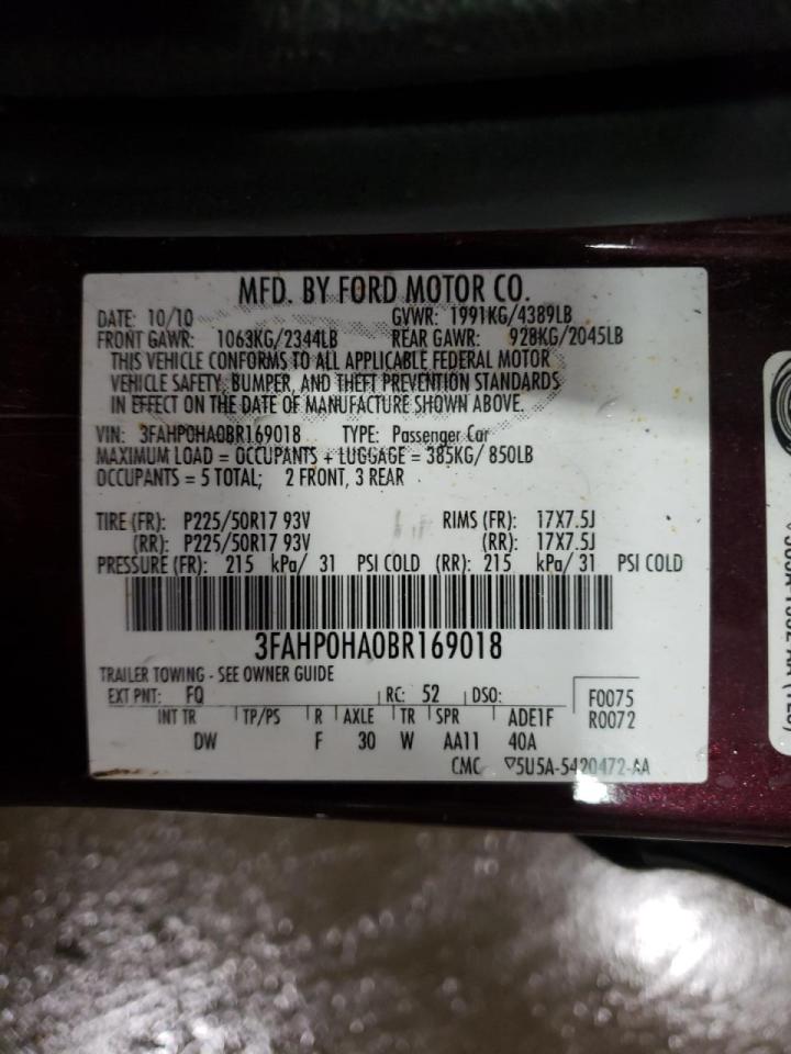 Photo 10 from auction – 2011 FORD FUSION SE with VIN 3FAHP0HA0BR169018