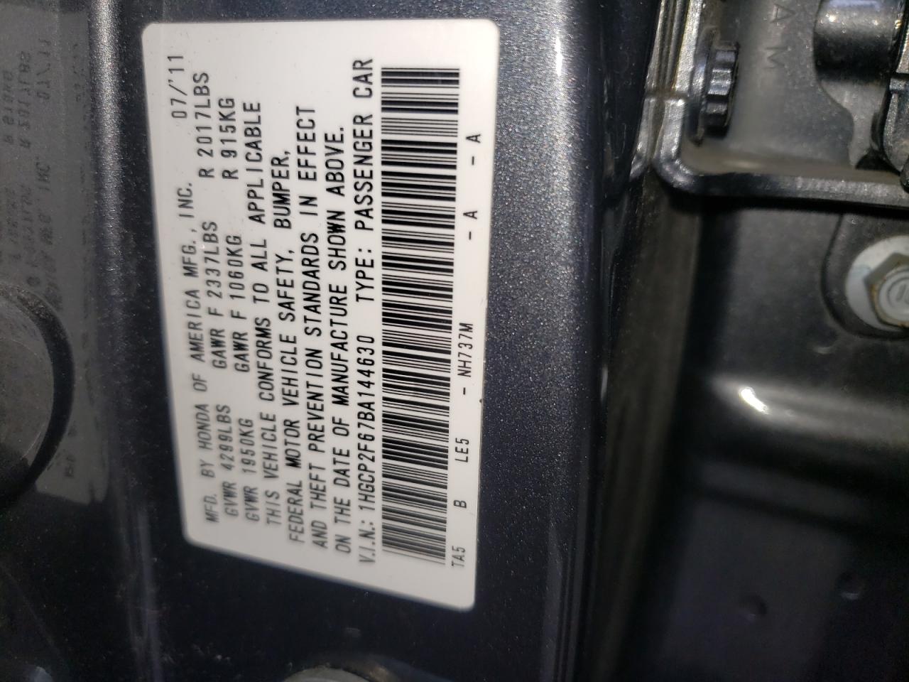 Photo 10 from auction – 2011 HONDA ACCORD SE with VIN 1HGCP2F67BA144630