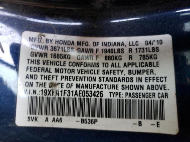 Photo 10 from auction – 2010 HONDA CIVIC VP with VIN 19XFA1F31AE053426