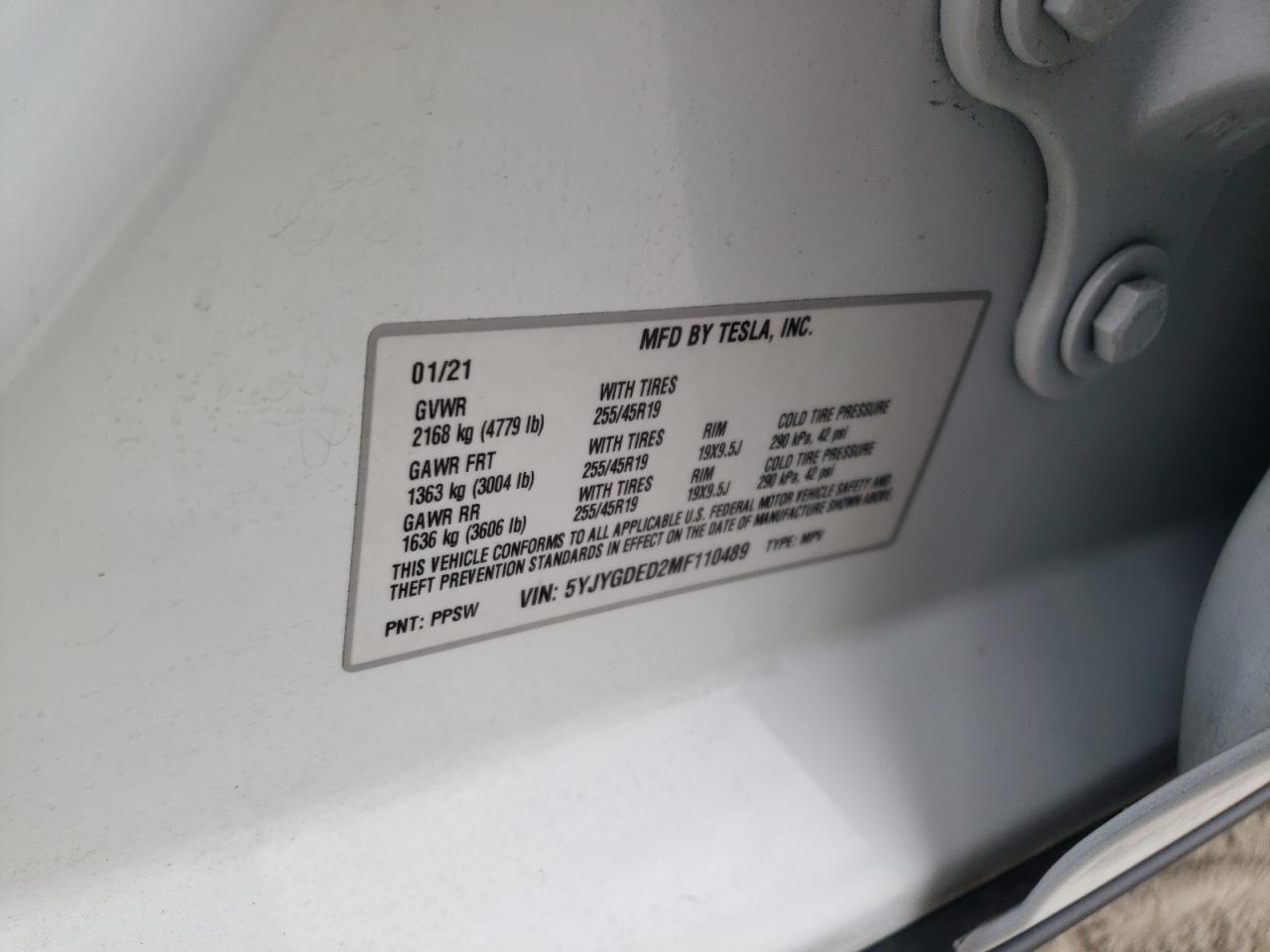 Photo 10 from auction – 2021 TESLA MODEL Y with VIN 5YJYGDED2MF110489