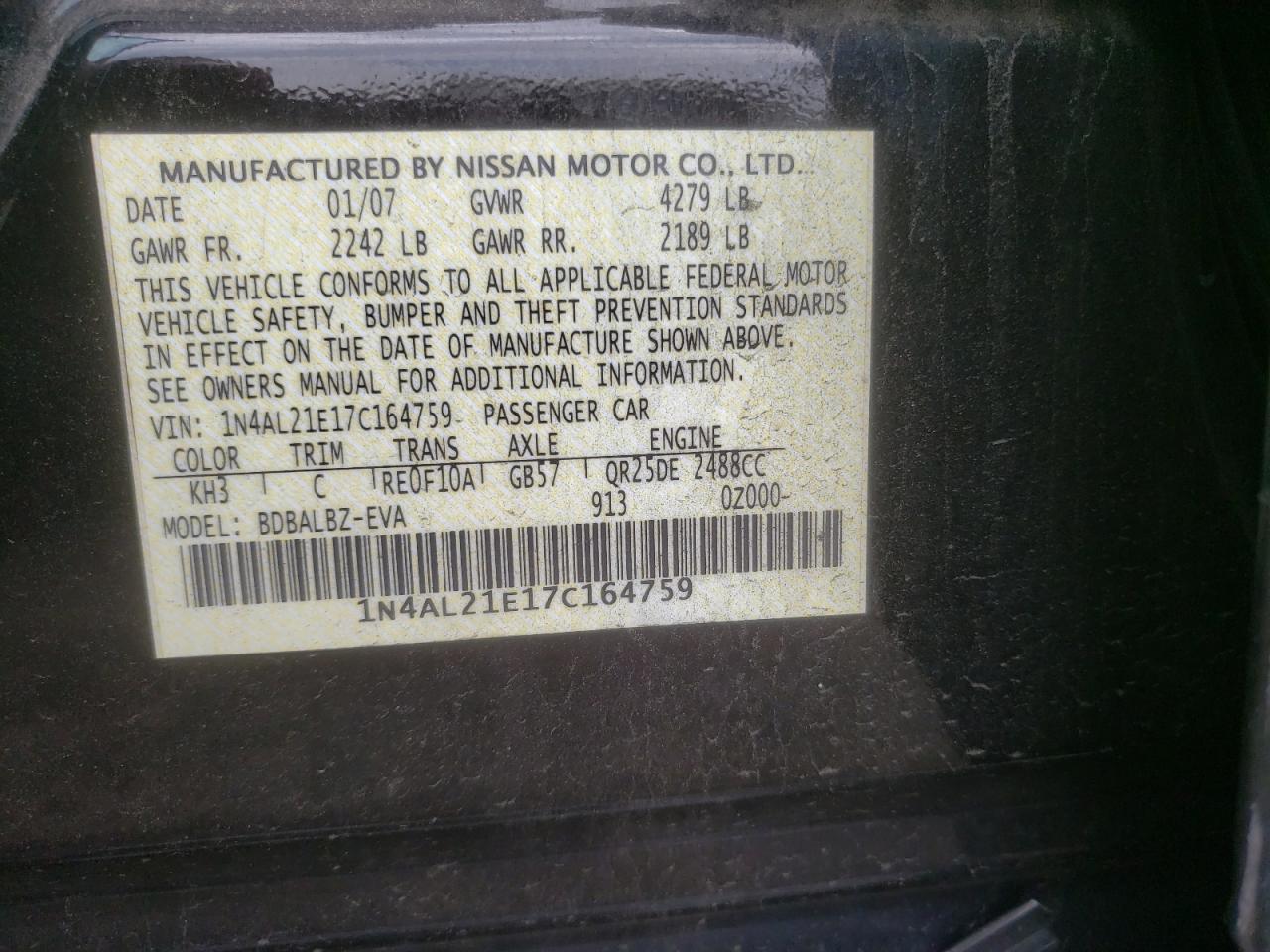 Photo 10 from auction – 2007 NISSAN ALTIMA with VIN 1N4AL21E17C164759