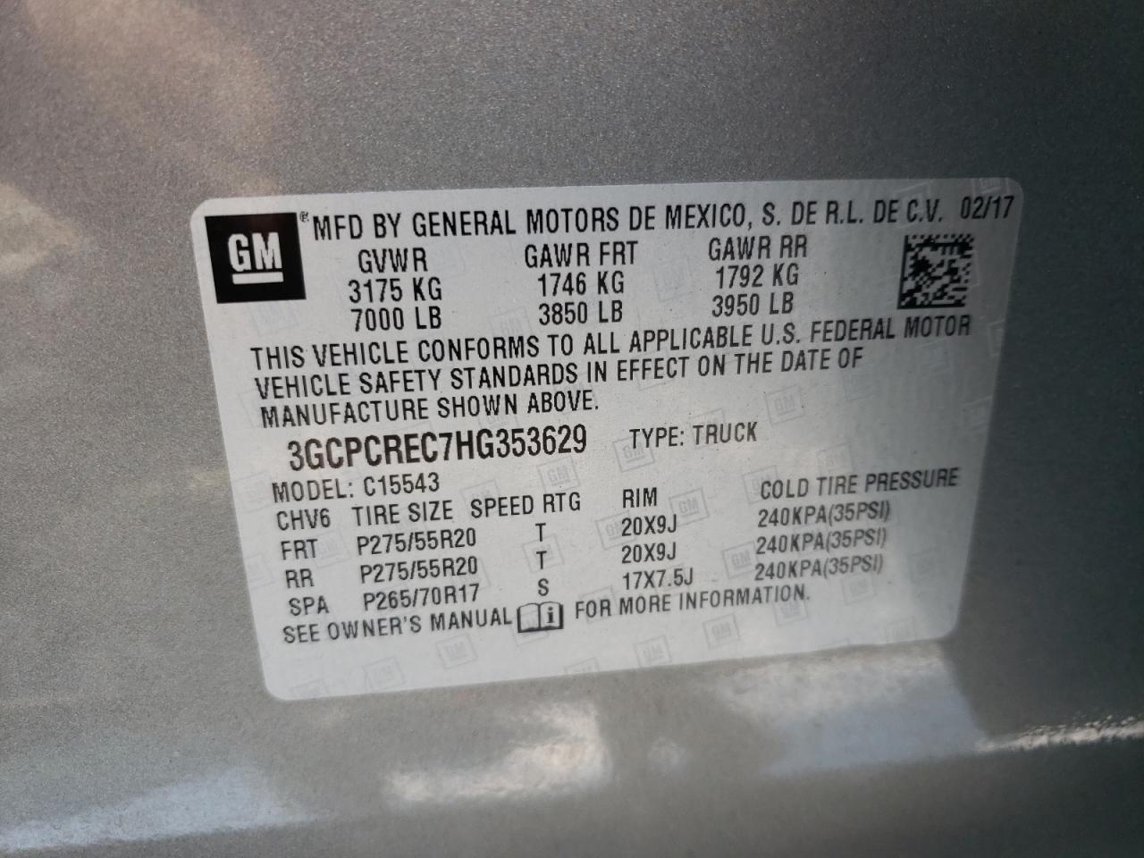 Photo 10 from auction – 2017 CHEVROLET SILVERADO with VIN 3GCPCREC7HG353629