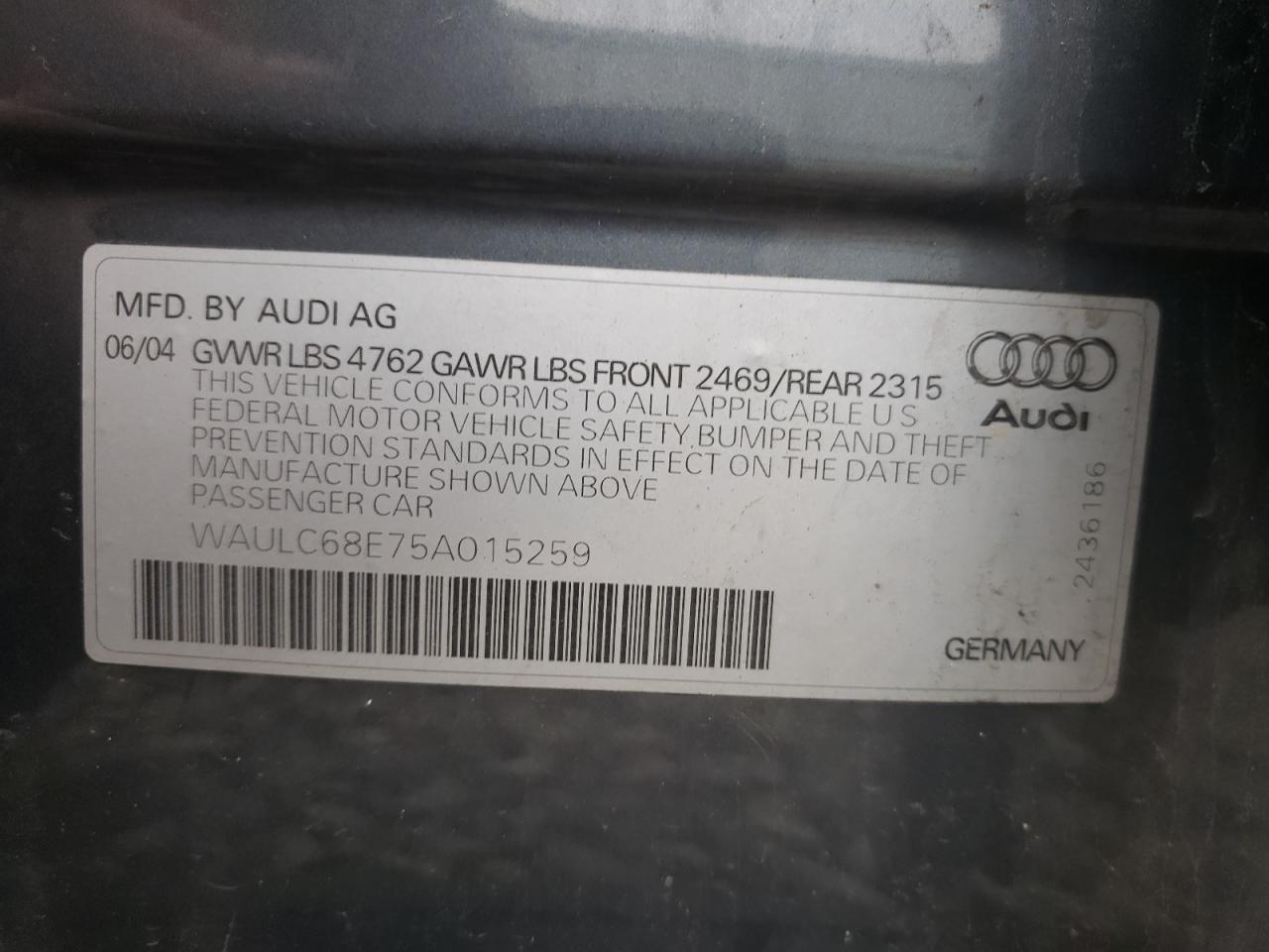 Photo 10 from auction – 2005 AUDI A4 1.8T QU with VIN WAULC68E75A015259