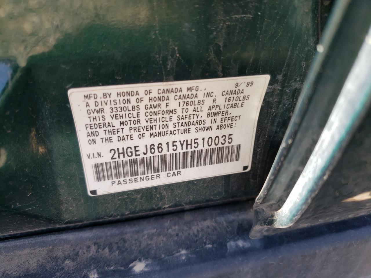 Photo 10 from auction – 2000 HONDA CIVIC BASE with VIN 2HGEJ6615YH510035