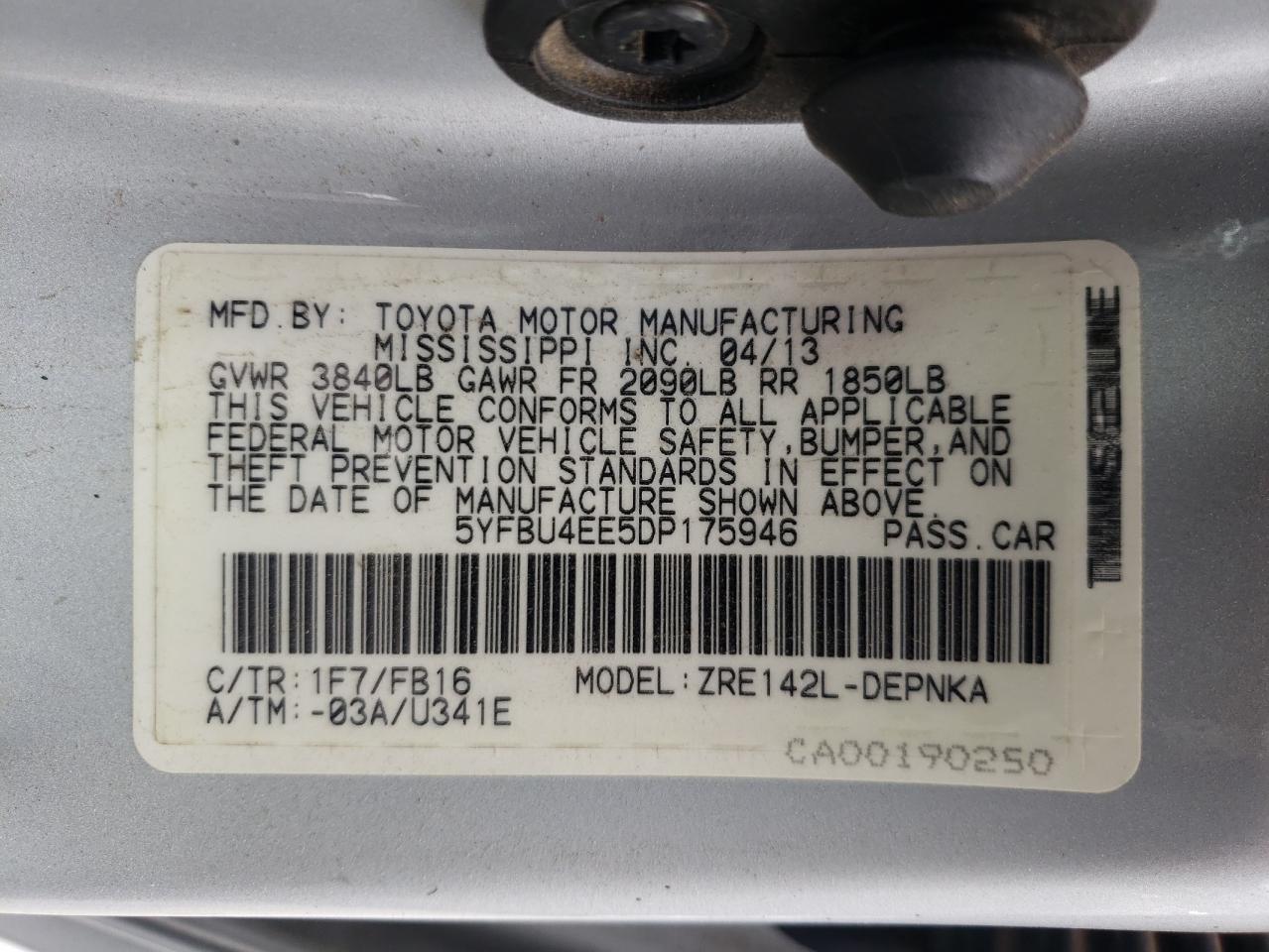 Photo 10 from auction – 2013 TOYOTA COROLLA BA with VIN 5YFBU4EE5DP175946