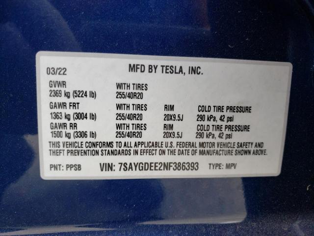 Photo 10 from auction – 2022 TESLA MODEL Y with VIN 7SAYGDEE2NF386393