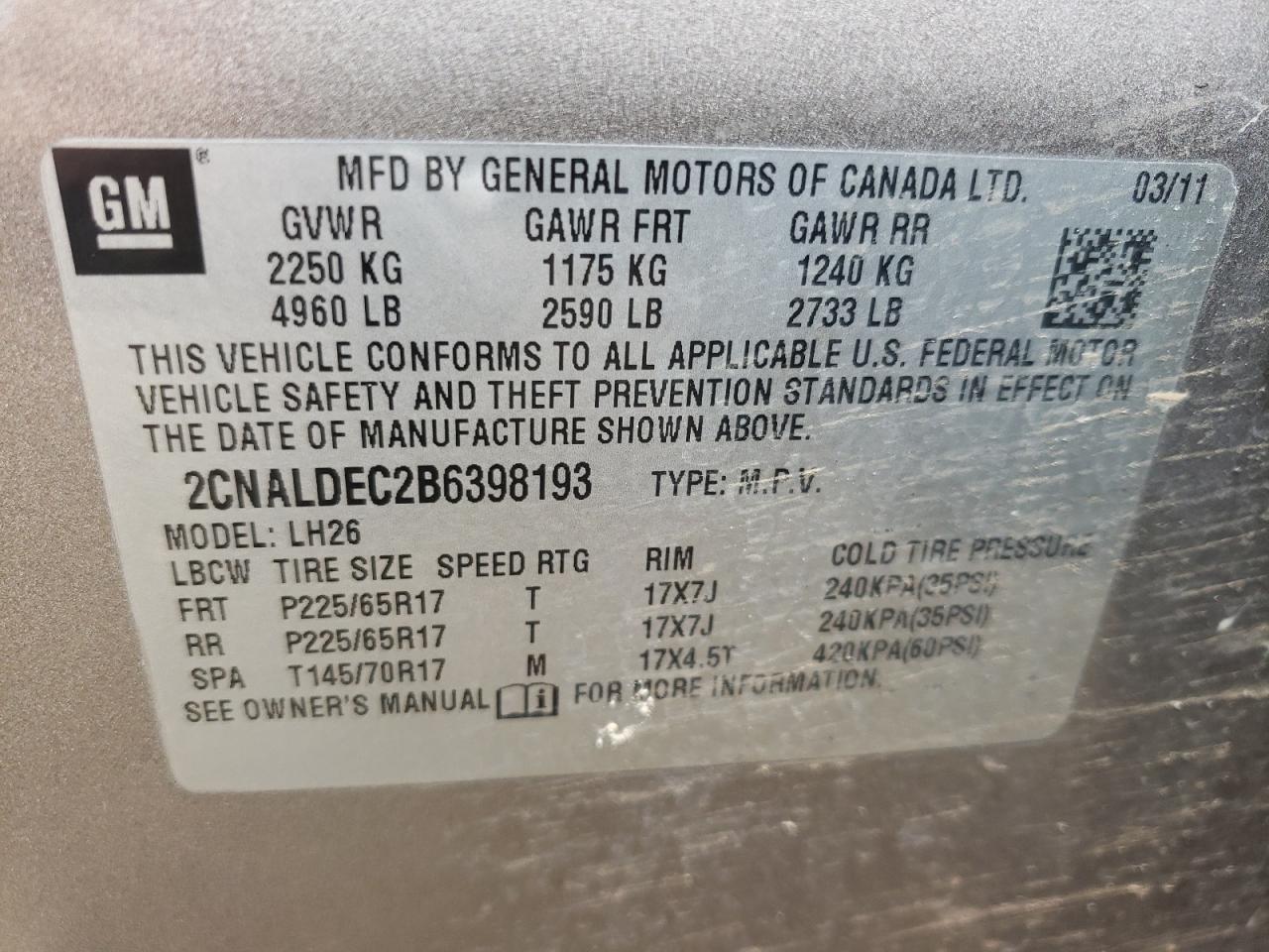 Photo 10 from auction – 2011 CHEVROLET EQUINOX LT with VIN 2CNALDEC2B6398193