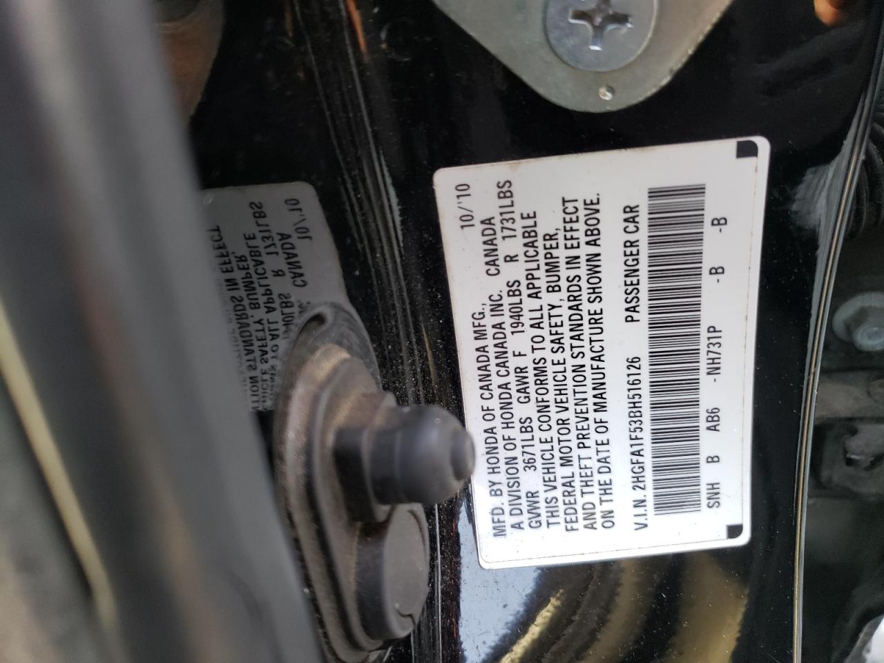 Photo 11 from auction – 2011 HONDA CIVIC LX with VIN 2HGFA1F53BH516126