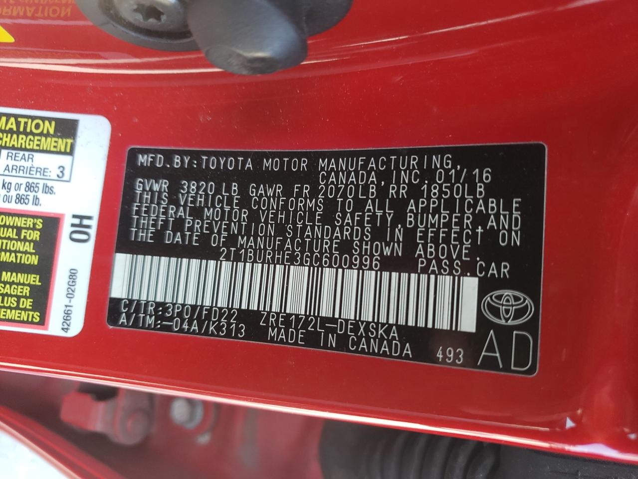 Photo 10 from auction – 2016 TOYOTA COROLLA L with VIN 2T1BURHE3GC600996