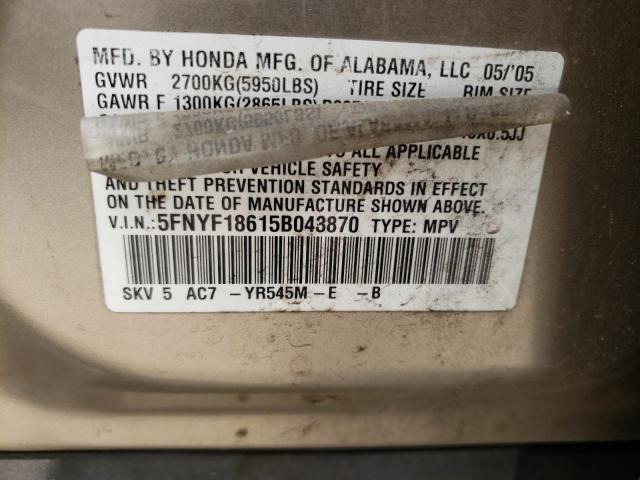 Photo 10 from auction – 2005 HONDA PILOT EXL with VIN 5FNYF18615B043870