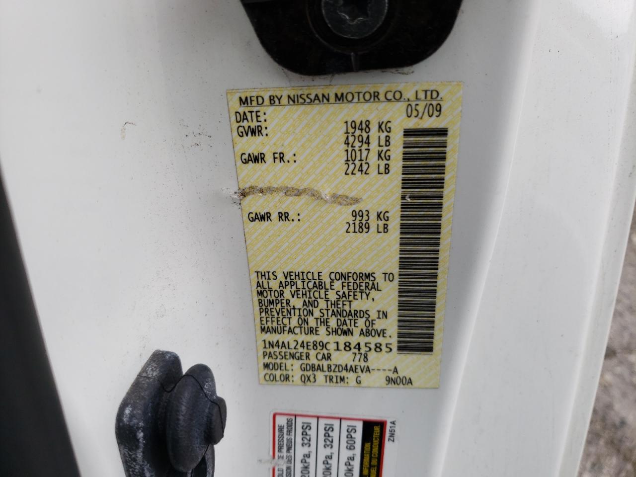 Photo 10 from auction – 2009 NISSAN ALTIMA 2.5 with VIN 1N4AL24E89C184585