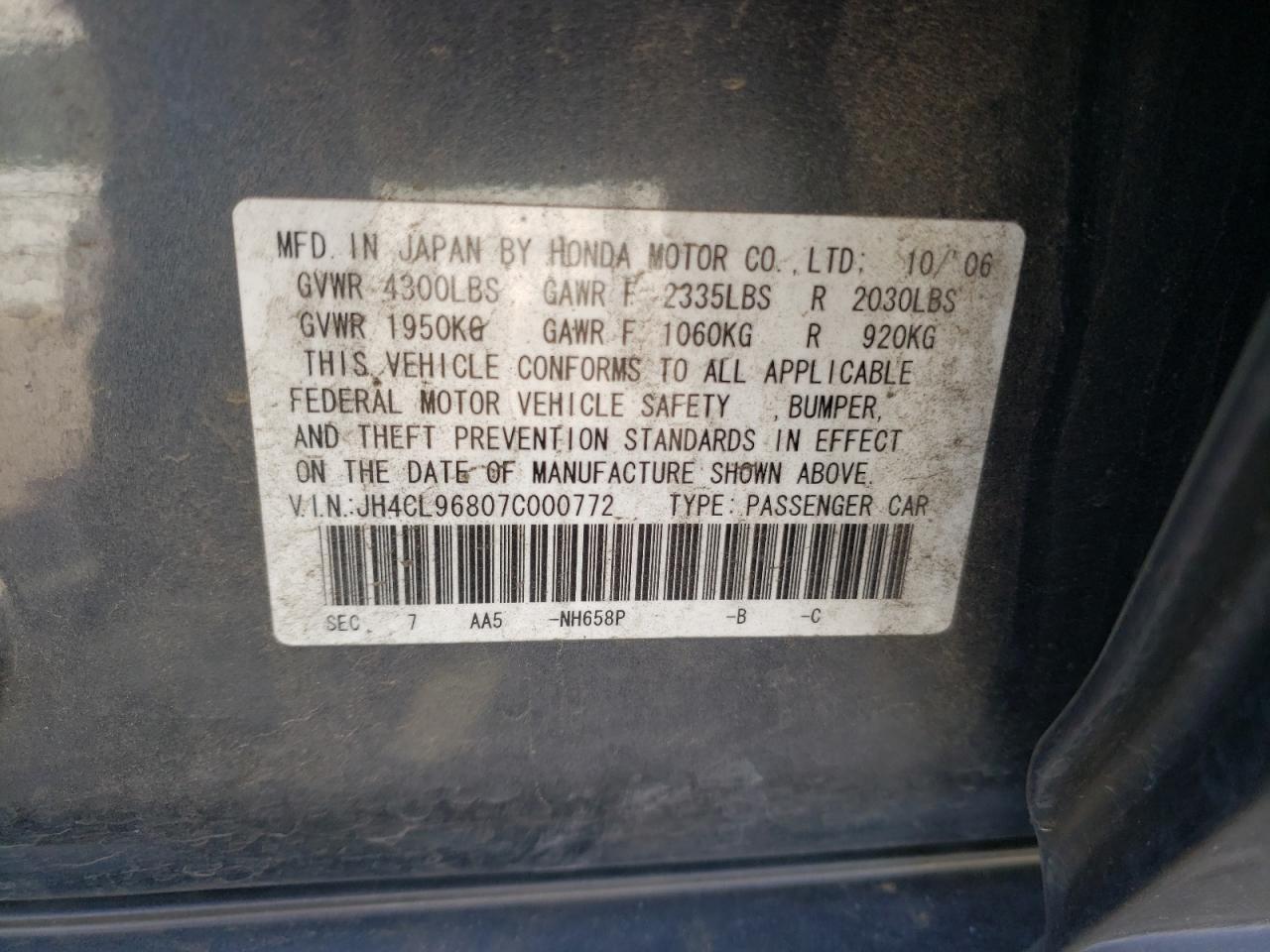 Photo 10 from auction – 2007 ACURA TSX with VIN JH4CL96807C000772