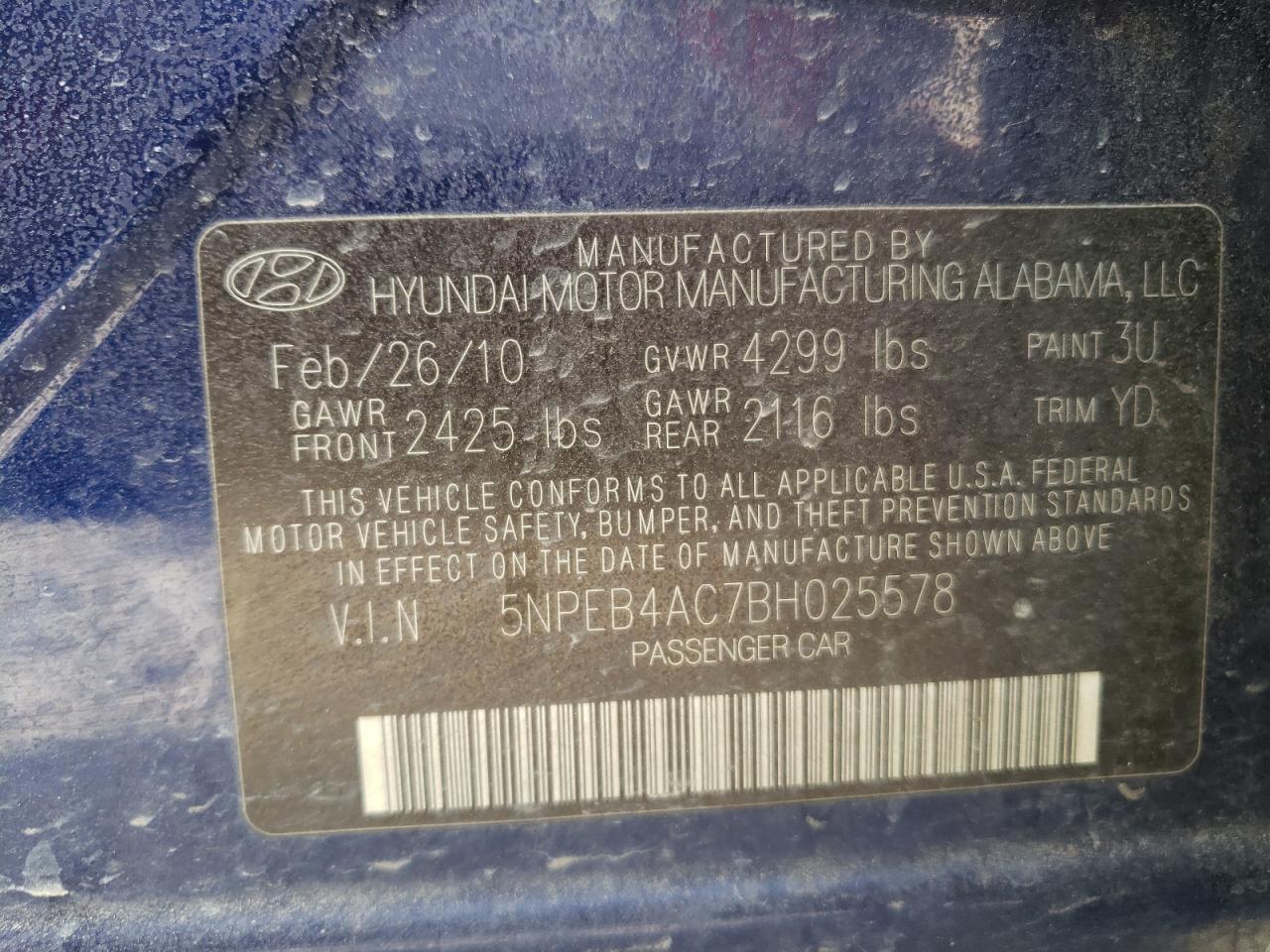 Photo 10 from auction – 2011 HYUNDAI SONATA GLS with VIN 5NPEB4AC7BH025578