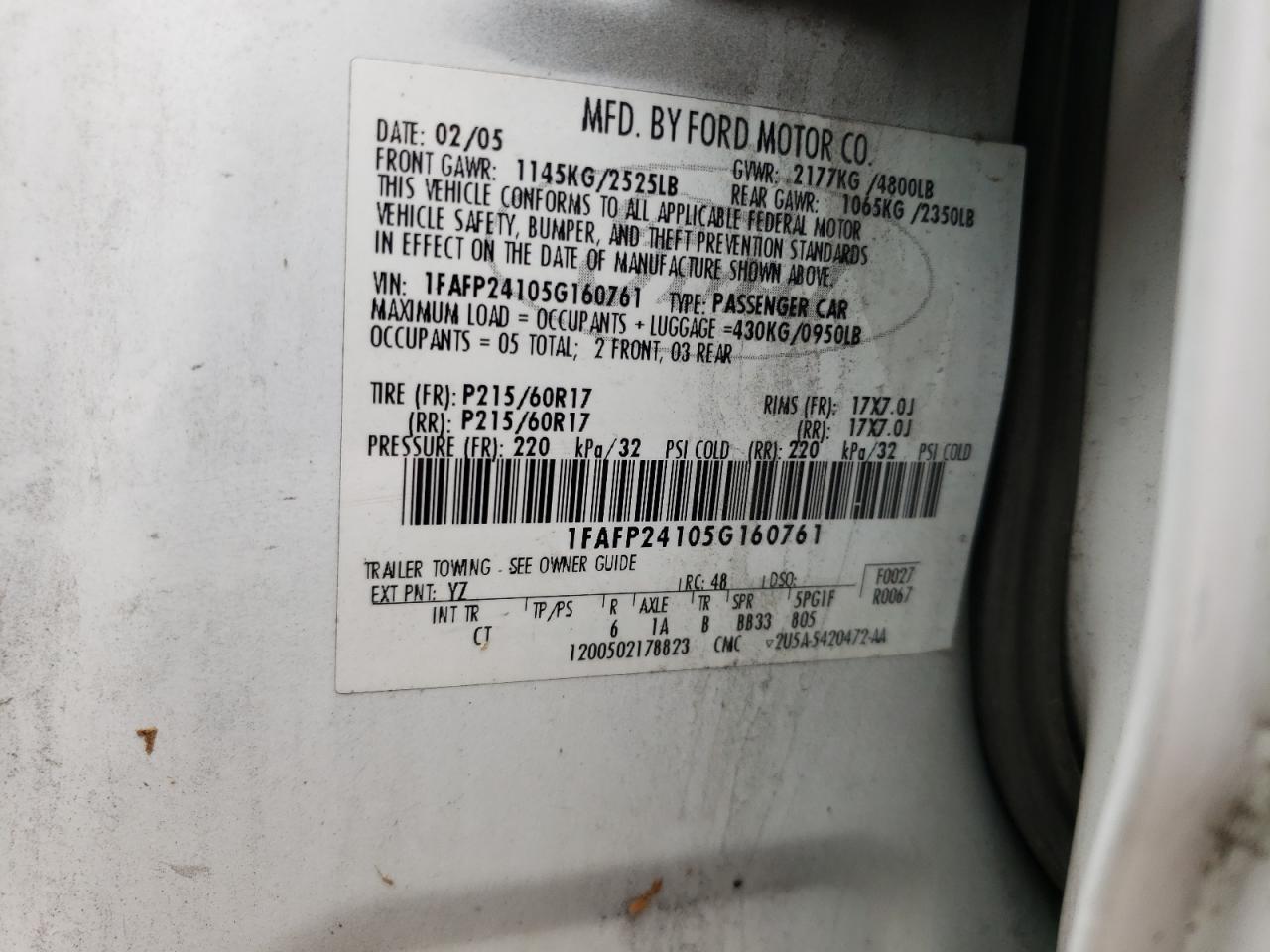 Photo 10 from auction – 2005 FORD FIVE HUNDR with VIN 1FAFP24105G160761